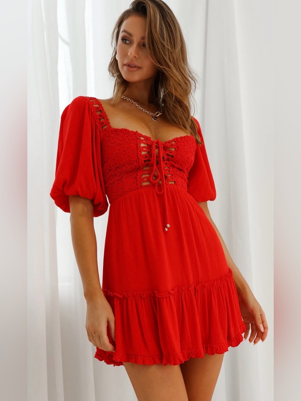 Small Selfie Leslie Golden Hour Lace-Up Front Crochet Dress
